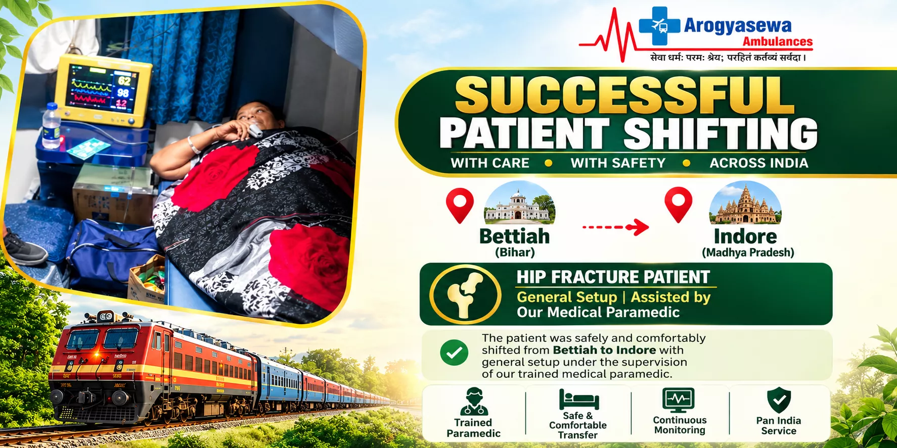 Arogyasewa train ambulance patient transfer from Bettiah Bihar to Indore Madhya Pradesh.